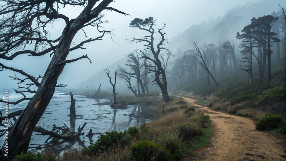 Misty woodland with bare, twisted trees submerged in water, a dirt path winds through the eerie fog. Misty woodland with bare, twisted trees submerged in water, a dirt path winds through the eerie fog.