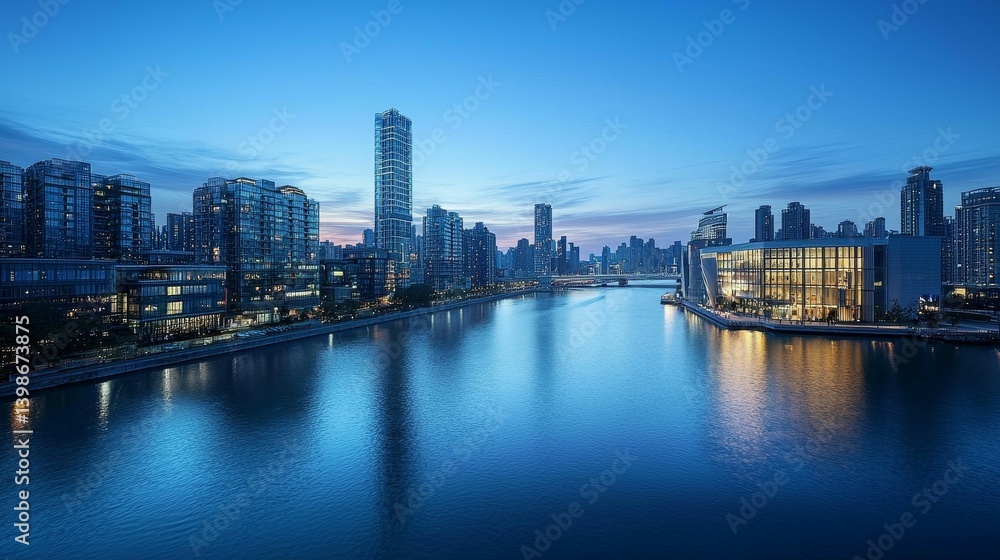 Serene Modern City Skyline at Dusk, Featuring a Tall Skyscraper and Reflections on Tranquil Waters, with a Soft Gradient Sky and Urban Sophistication Emphasizing Beauty and Grandeur Serene Modern City Skyline at Dusk, Featuring a Tall Skyscraper and Reflections on Tranquil Waters, with a Soft Gradient Sky and Urban Sophistication Emphasizing Beauty and Grandeur