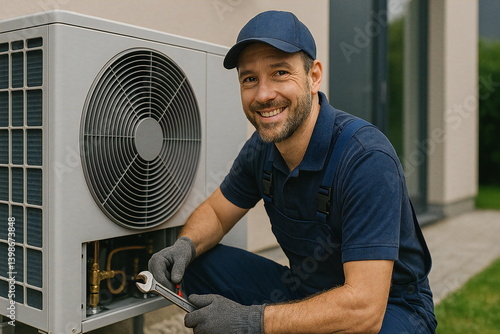 Professional technician servicing a heat pump at a residential property in early morning light