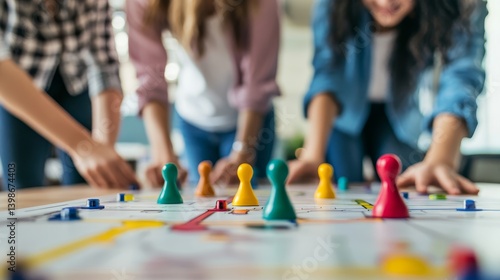 Colorful Board Game Excitement: Friends Engage in Immerse Strategy and Fun for the Perfect Game Night