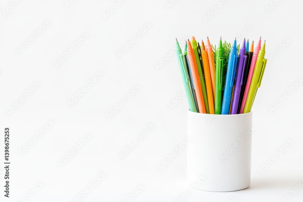 Fototapeta premium A set of colorful pens in a pen holder.