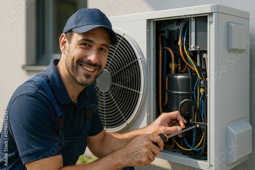 Technician servicing a heat pump system at a residential property during daytime