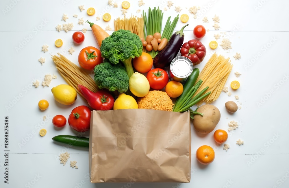Paper grocery bag filled fresh vegetables fruits pasta canned goods oatmeal. Healthy food shopping delivery donation concept. Balanced diet, healthy eating habits. Top view on white table.