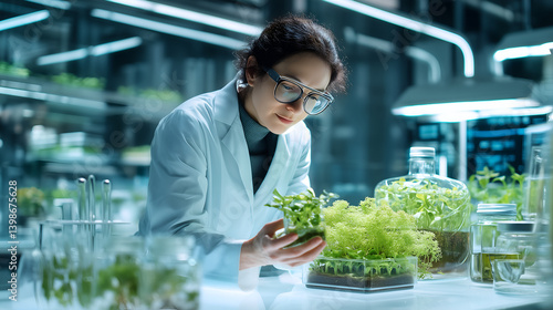 Scientist analyzing leafy greens in a futuristic lab environment, focusing on sustainable food innovation, biotechnology, and agricultural research.