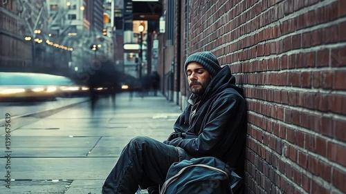 A homeless man sitting on a city sidewalk, resting against a brick wall, with passers-by and traffic in the background