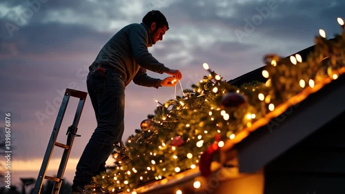 A father setting up Christmas lights on the roof, with a ladder and lights strewn about