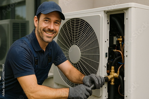 Technician installing a heat pump in a residential area for efficient temperature control and energy savings