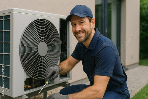 Technician performing maintenance on a residential heat pump in a modern outdoor setting during daylight hours