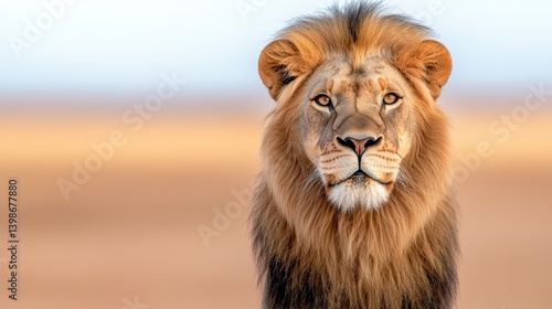 A majestic male African lion with a thick golden mane stares directly at the camera in a blurred savanna landscape background.