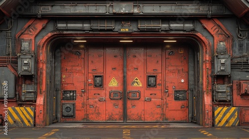 Massive metal doors in red and gray with intricate details & hazard markings, industrial facade