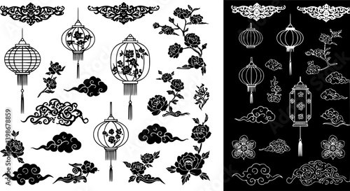 Asian design element set. Vector decorative collection of patterns, lanterns, flowers , clouds, ornaments in chinese and japanese style