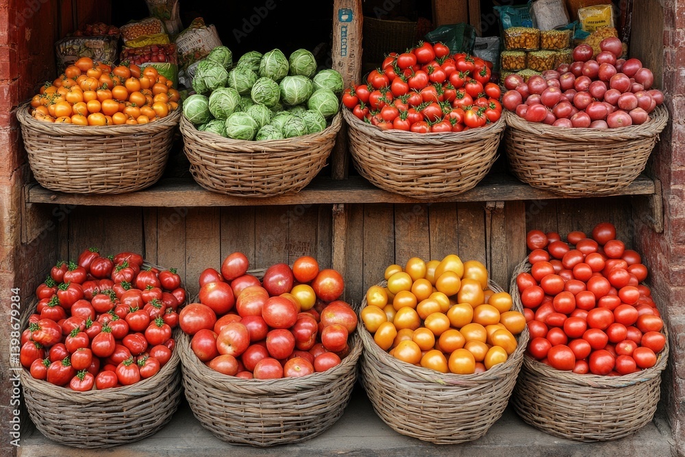 Baskets filled with colorful produce displayed at a market stand. Fresh, vibrant vegetables Baskets filled with colorful produce displayed at a market stand. Fresh, vibrant vegetables