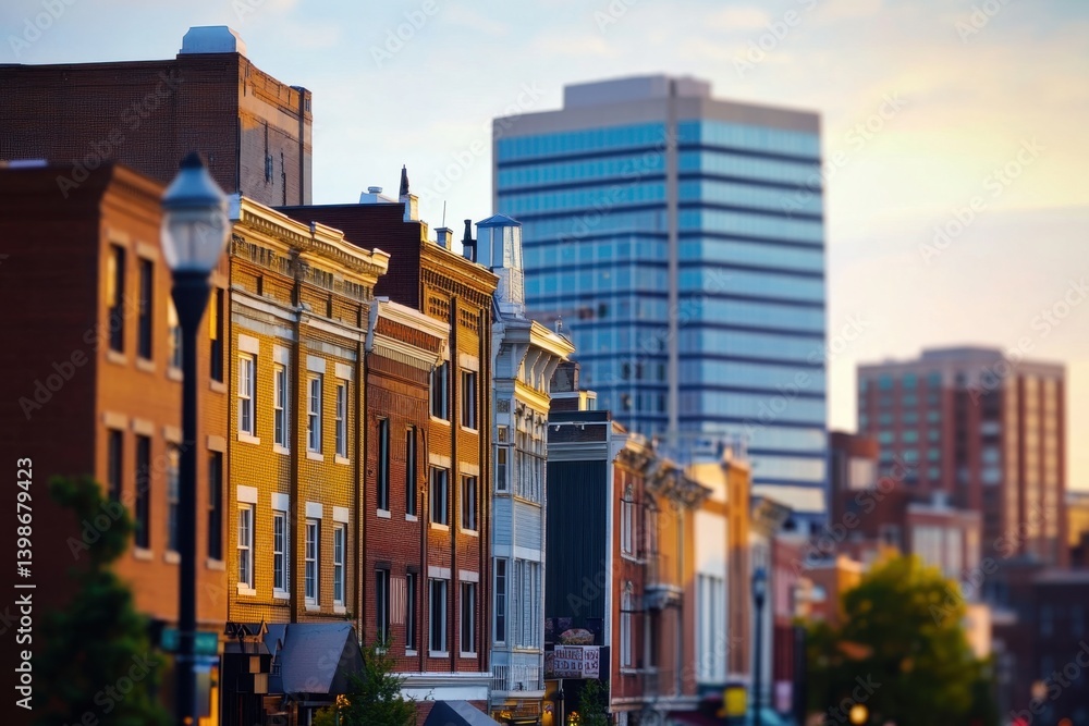 Fototapeta premium A cinematic still of buildings in downtown Dover, Delaware a cityscape with skyscrapers and other downtown architecture, captured in the early evening with a low-angle shot Generative AI