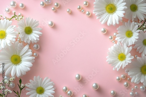 Daisies and pearls on a pink surface.