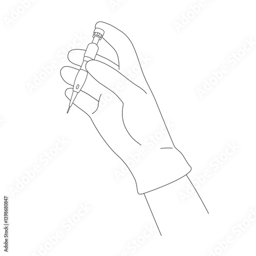 Vector outline hand in gloves holding CHOI pen for DHI hair transplant technique. Line icon of instrument for method of transplantation hair follicles to baldness head. Medical implanter against hair