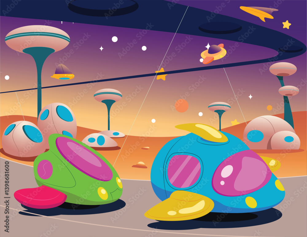 Naklejka premium Outer Space Aliens Futuristic Vehicles Vector Illustration