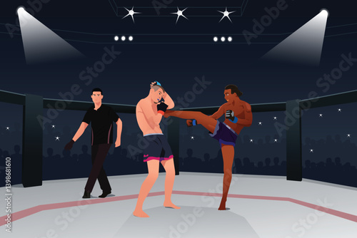 Professional MMA Match in Octagon Vector Illustration