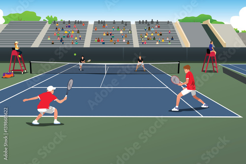 Tennis Players Playing in Doubles Team Competition Vector Illustration