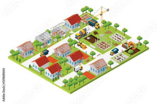 Isometric House Construction Development Industry  Vector Illustration