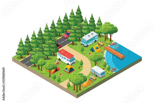 Isometric Camping RV Outdoor Vector Illustration