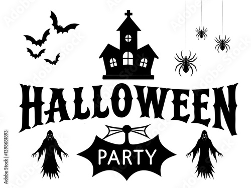 Halloween haunted house silhouette with bats under a spooky moonlit night sky vector illustration