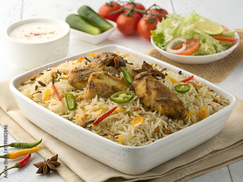 white Plate of Chicken Biryani Served with Fresh Salad