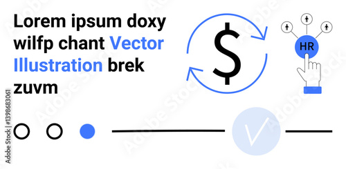 Dollar sign with arrows for currency or financial concepts, HR icon with a hand cursor for human resources, and check mark for approval. Ideal for business, finance, HR, approval processes, modern