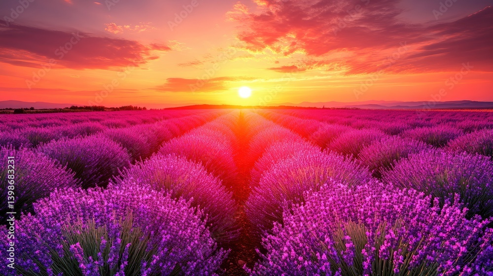Fototapeta premium Lavender field blooms under a vibrant sunset; purple flowers stretch toward the bright horizon
