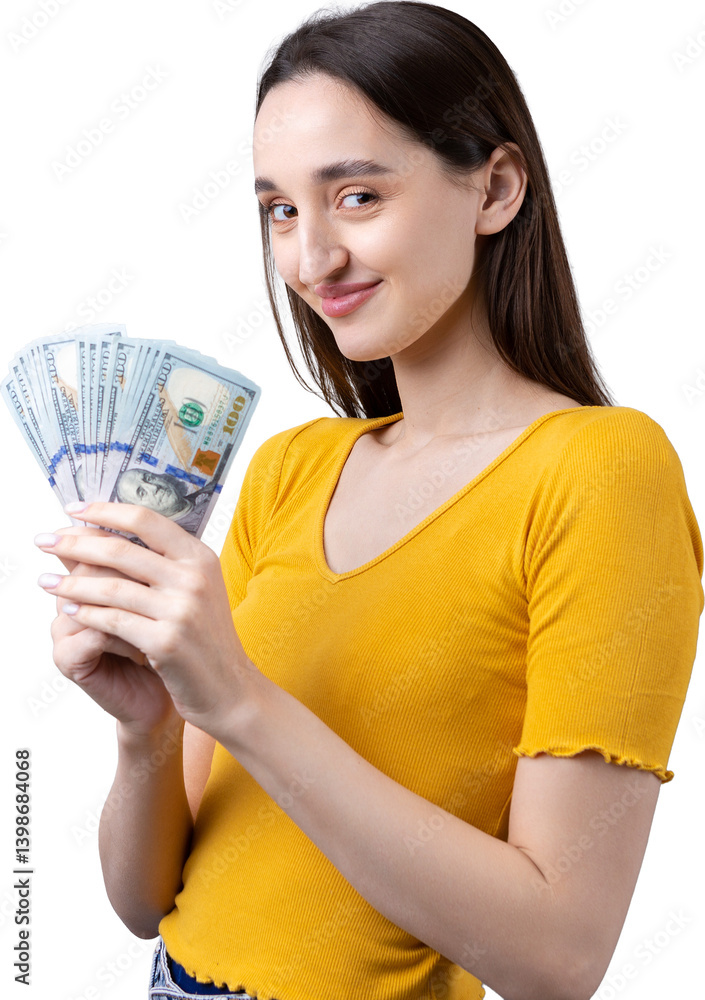 Photo of a wealthy woman in simple clothes holding a fan of dollar money isolated against a concrete wall background Photo of a wealthy woman in simple clothes holding a fan of dollar money isolated against a concrete wall background