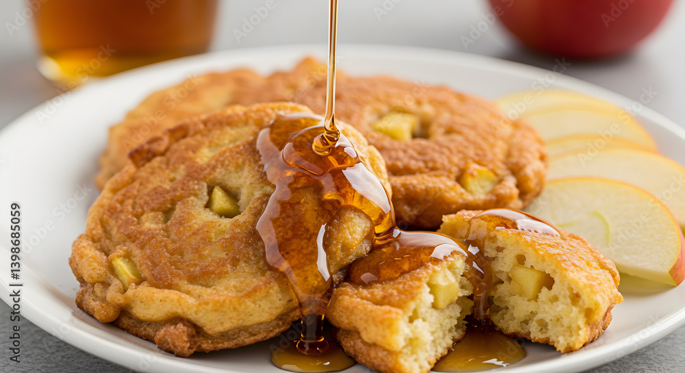 Delicious Apple Fritters With Maple Syrup Being Poured Onto A White Plate Delicious Apple Fritters With Maple Syrup Being Poured Onto A White Plate