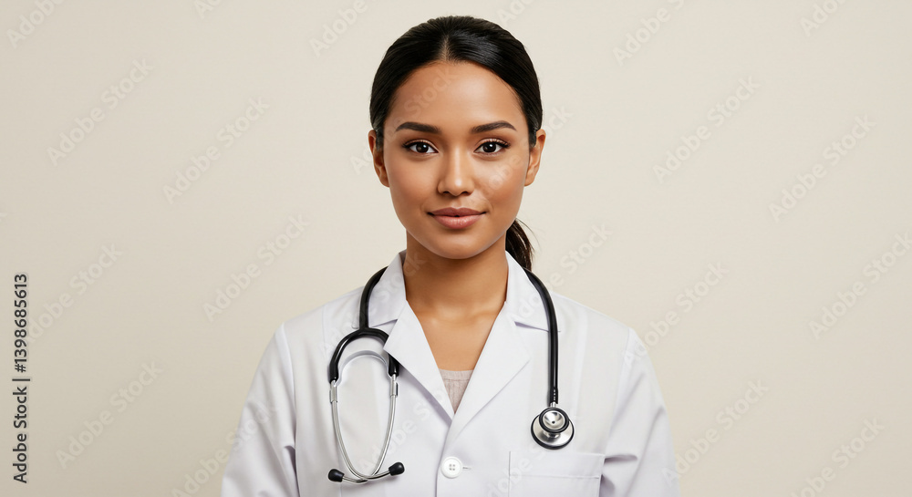 A confident young female doctor, ready to serve, exudes professionalism and care against a neutral background. A confident young female doctor, ready to serve, exudes professionalism and care against a neutral background.
