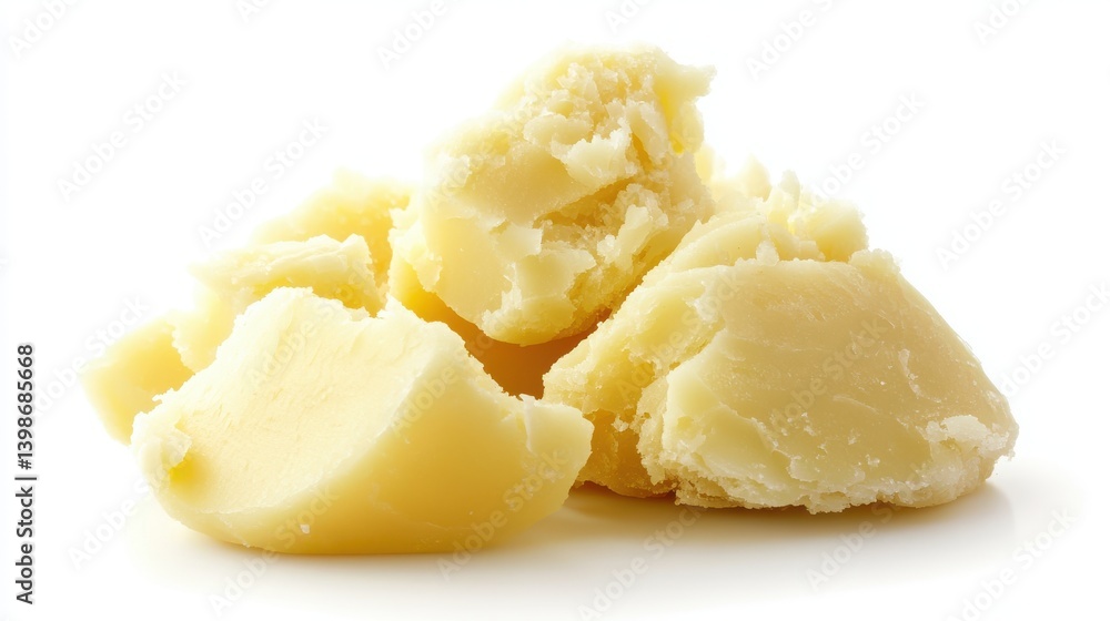 Natural Shea Butter from Vitellaria Paradoxa Nut Isolated on White Background. Ideal for Beauty and Cosmetic Purposes. Natural Shea Butter from Vitellaria Paradoxa Nut Isolated on White Background. Ideal for Beauty and Cosmetic Purposes.