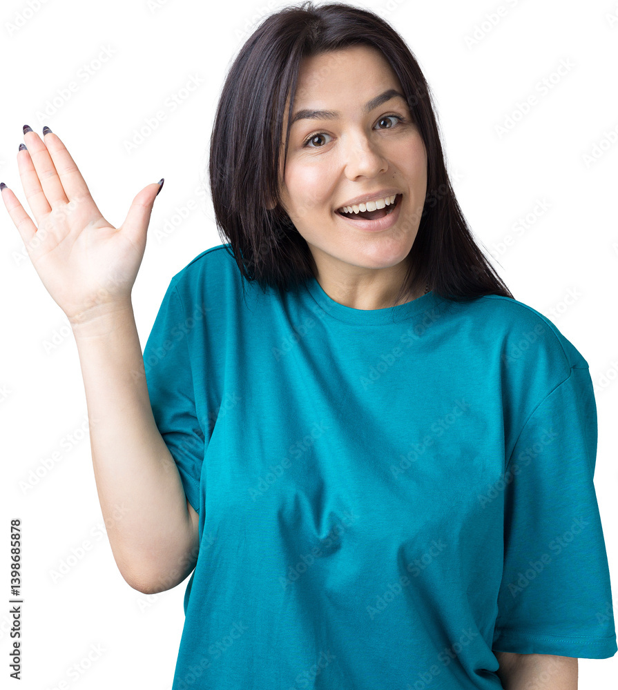Smiling woman raised her hand palm up and forward like waving. Smiling woman raised her hand palm up and forward like waving.