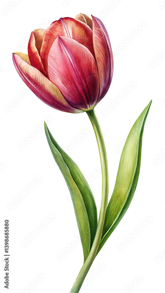 Naklejka premium Single Red Tulip Flower with Green Stem and Leaves isolated on Transparent Background