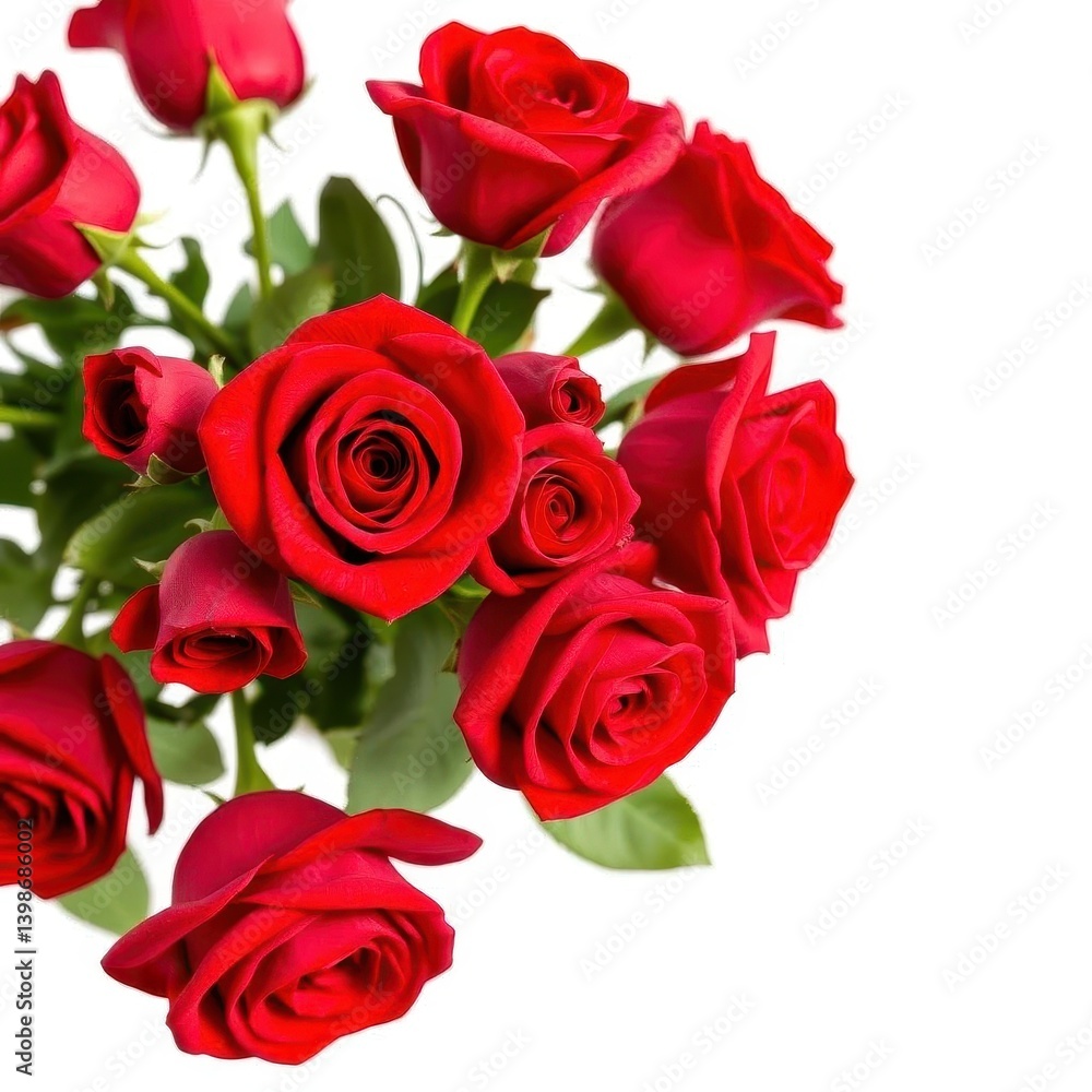 A vibrant bouquet of red roses, isolated on a pure white background, petals, valentines A vibrant bouquet of red roses, isolated on a pure white background, petals, valentines