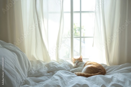 Cozy orange cat lounging in sunbeam by the window on a soft bed with sheer curtains fluttering in a gentle breeze Generative AI