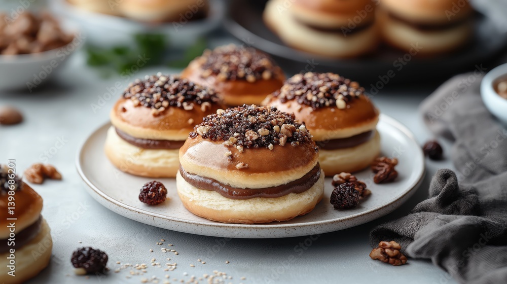 Delicious profiteroles with chocolate cream and sprinkles on a bright background Delicious profiteroles with chocolate cream and sprinkles on a bright background
