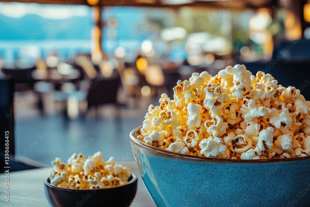A large teal bowl overflowing with buttery popcorn in a cafe setting. A large teal bowl overflowing with buttery popcorn in a cafe setting.