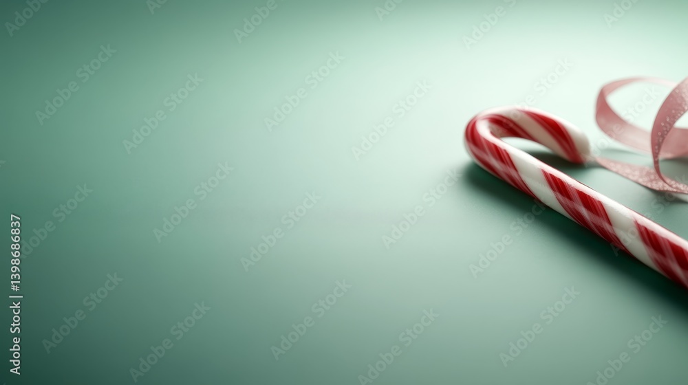Fototapeta premium This close-up features a striped red and white candy cane adorned with a festive ribbon, resting against a soft pastel green background, perfect for holiday cheer