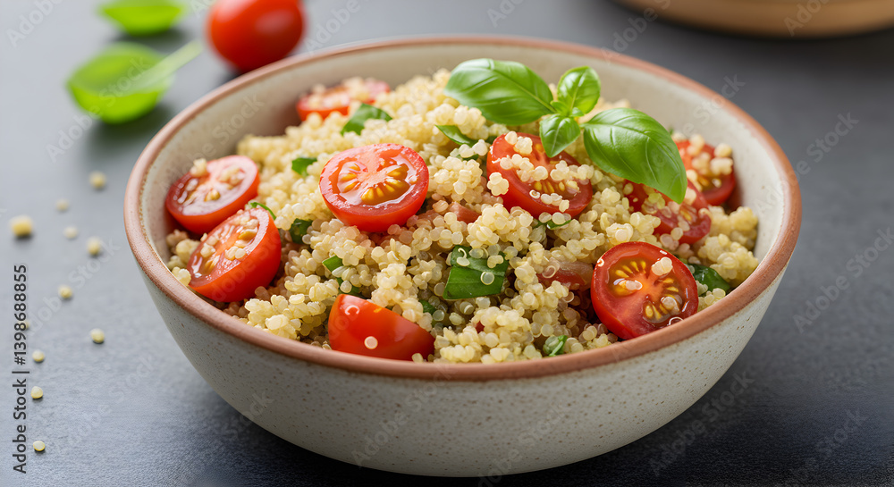 Delicious Quinoa Salad with Cherry Tomatoes and Fresh Basil Bowl Delicious Quinoa Salad with Cherry Tomatoes and Fresh Basil Bowl