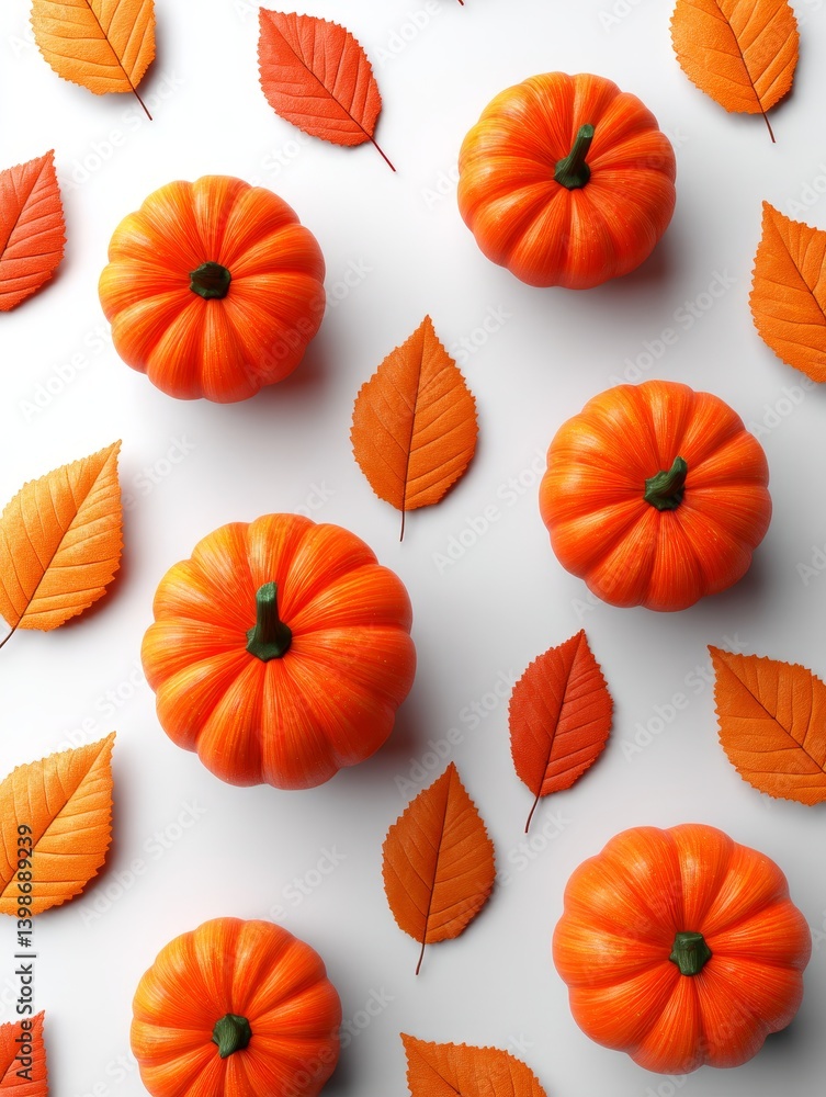 Fototapeta premium Autumn Harvest Pumpkins and Leaves - A flat lay featuring vibrant orange pumpkins and autumn leaves arranged on a white background. Perfect for fall-themed designs