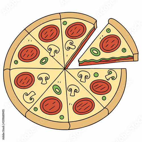 Cartoon Pepperoni Mushroom Pizza Illustration with Slice Removed Delicious Food