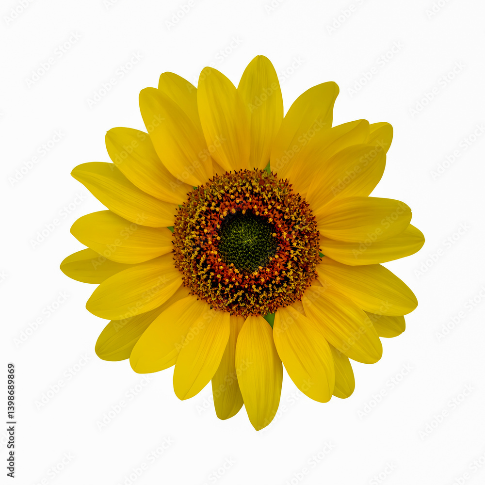 Bright yellow sunflower bloom with detailed petals on white background Bright yellow sunflower bloom with detailed petals on white background