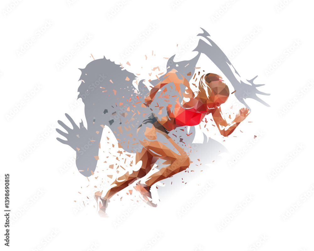 Running, run double exposure illustration, abstract isolated vector silhouette. Runner collage