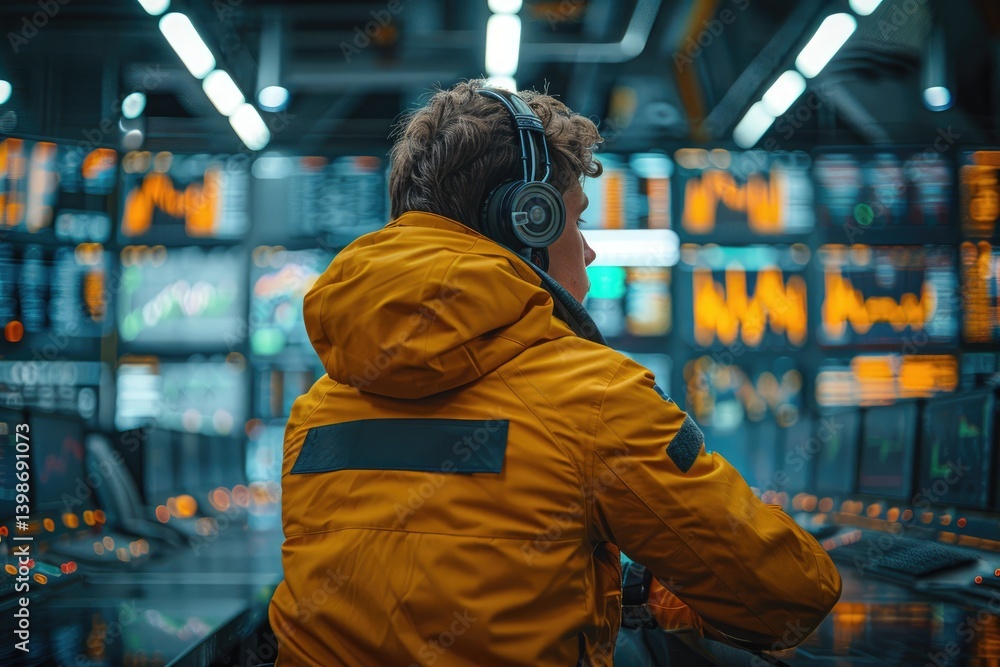 Fototapeta premium A man wearing headphones watches data displayed on screens