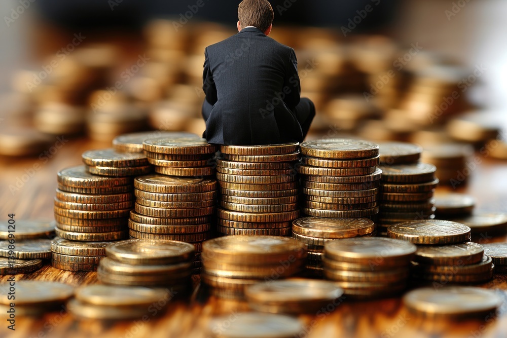 A man wearing suit sits on top of money coins