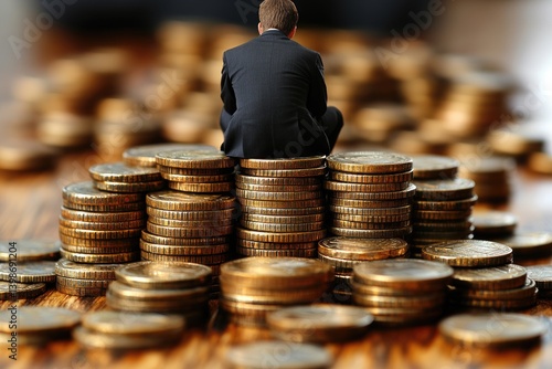 Obraz na płótnie A man wearing suit sits on top of money coins w salonie