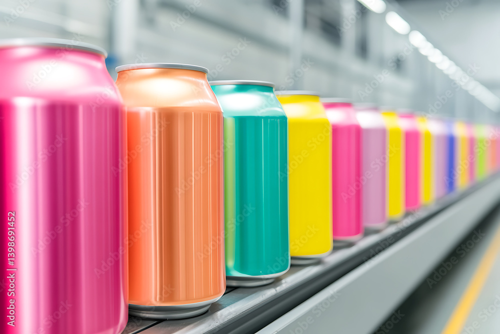 Aluminum cans in vibrant colors moving along a conveyor belt, showcasing beverage production or recycling. Aluminum cans in vibrant colors moving along a conveyor belt, showcasing beverage production or recycling.