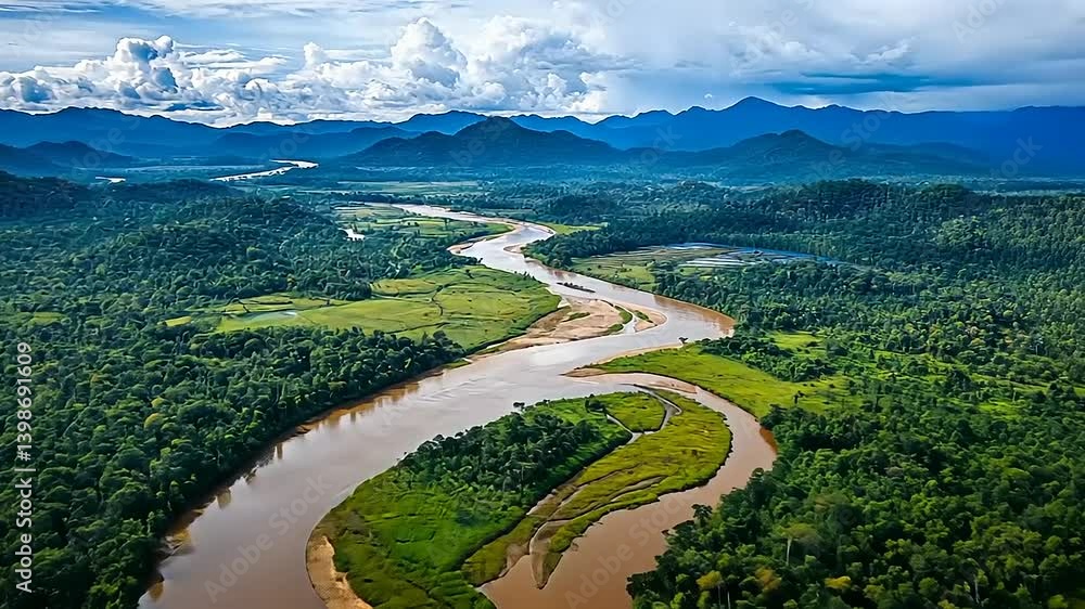 Aerial view of a winding river surrounded by lush green forests and mountains under a cloudy sky Aerial view of a winding river surrounded by lush green forests and mountains under a cloudy sky