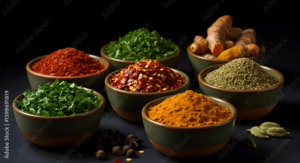 Aromatic Collection Of Herbs And Spices In Small Bowls Against Dark Backdrop Aromatic Collection Of Herbs And Spices In Small Bowls Against Dark Backdrop